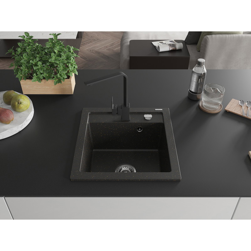 Mexen Vito Einbeckenspüle aus Granit mit Küchenarmatur Rita, schwarz/gold metallic - 6503-75-670300-70