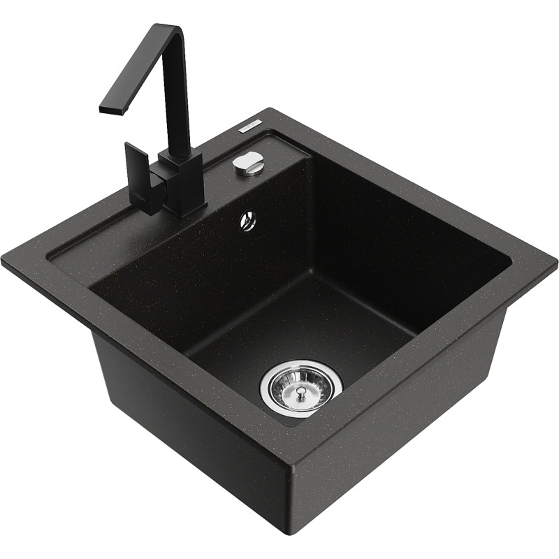 Mexen Vito Granitspüle 1-Becken mit Küchenarmatur Rita, schwarz/gold metallic - 6503-75-670300-70