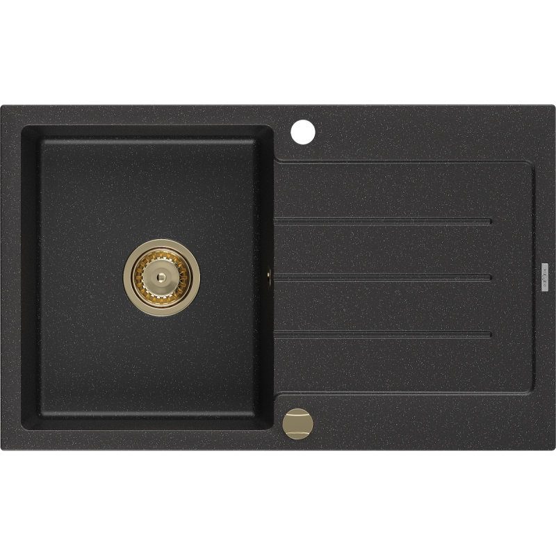 Mexen Bruno Granitspüle 1-beckig mit Abtropffläche 795 x 495 mm, schwarz/silber metallic, goldener Siphon - 6513791010-73-G