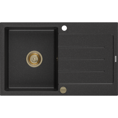 Mexen Bruno Granitspüle 1-beckig mit Abtropffläche 795 x 495 mm, schwarz/silber metallic, goldener Siphon - 6513791010-73-G