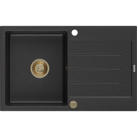 Mexen Bruno Granitspüle 1-beckig mit Abtropffläche 795 x 495 mm, schwarz/silberner Metallic, Siphon golden - 6513791010-73-G