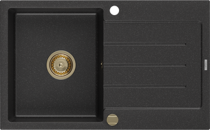 Mexen Bruno Granitspüle 1-beckig mit Abtropffläche 795 x 495 mm, schwarz/silber metallic, goldener Siphon - 6513791010-73-G