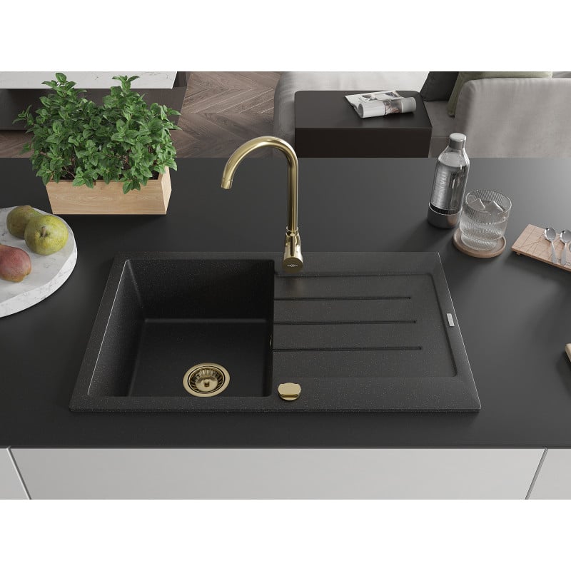 Mexen Bruno Granitspüle 1-beckig mit Abtropffläche 795 x 495 mm, schwarz/silber metallic, goldener Siphon - 6513791010-73-G