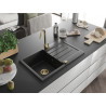 Mexen Bruno Granitspüle 1-beckig mit Abtropffläche 795 x 495 mm, schwarz/silber metallic, goldener Siphon - 6513791010-73-G