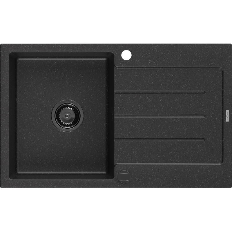Mexen Bruno Granitspüle 1-Becken mit Abtropffläche 795 x 495 mm, schwarz/silber Metallic, schwarzer Siphon - 6513791010-73-B