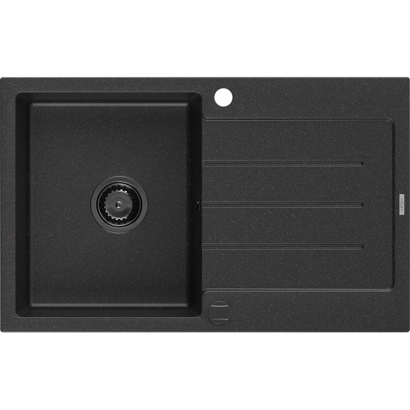 Mexen Bruno Granitspüle 1-beckig mit Abtropffläche 795 x 495 mm, Schwarz/Silber Metallic, Schwarzer Siphon - 6513791010-73-B