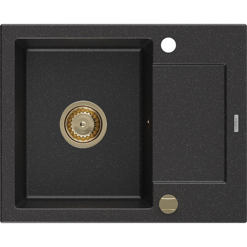Mexen Enzo Granitspüle 1-Becken mit Abtropffläche 576 x 465 mm, schwarz/silber metallic, goldener Siphon - 6506571005-73-G