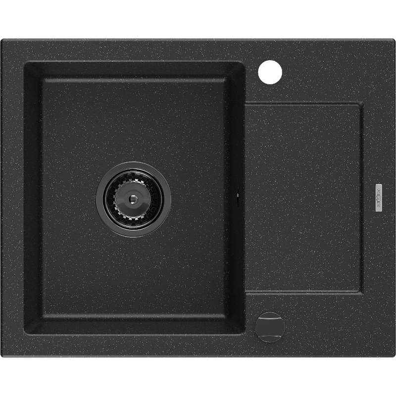 Mexen Enzo Granitspüle 1-Becken mit Abtropffläche 576 x 465 mm, schwarz/silber metallic, schwarzer Siphon - 6506571005-73-B