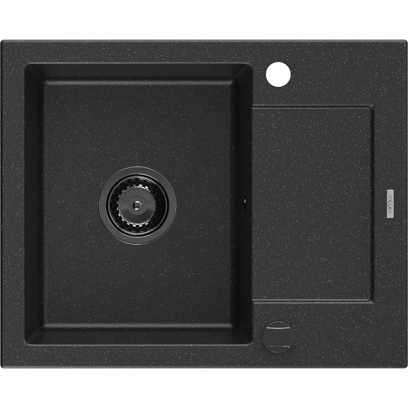 Mexen Enzo Granitspüle 1-beckig mit Abtropffläche 576 x 465 mm, schwarz/silber metallic, schwarzer Siphon - 6506571005-73-B