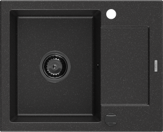 Mexen Enzo Granitspüle 1-becken mit Abtropffläche 576 x 465 mm, schwarz/silber metallisch, schwarzer Siphon - 6506571005-73-B