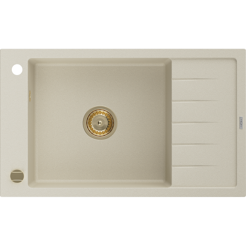 Mexen Elias Granitspüle 1-beckig mit Abtropffläche 795 x 480 mm, beige, goldener Siphon - 6511791005-69-G
