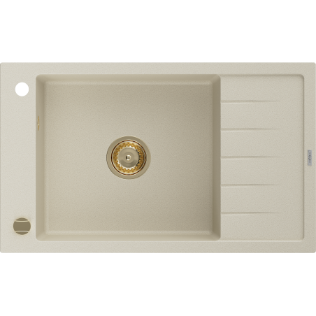 Mexen Elias Granitspüle 1-beckig mit Abtropffläche 795 x 480 mm, beige, goldener Siphon - 6511791005-69-G