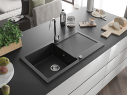 Mexen Leo Granitspüle mit einem Becken und einer Abtropffläche 900 x 500 mm, Schwarz/Silbermetallic - 6501901010-73