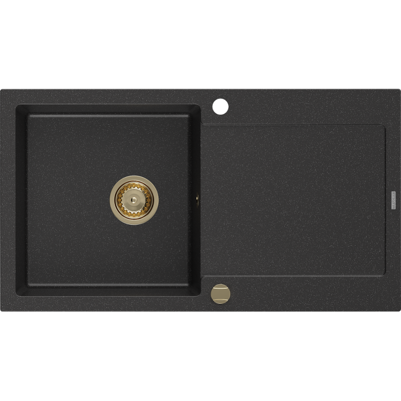 Mexen Leo Granitspüle 1-Becken mit Abtropffläche 900 x 500 mm, schwarz/silber metallic, goldener Siphon - 6501901010-73-G