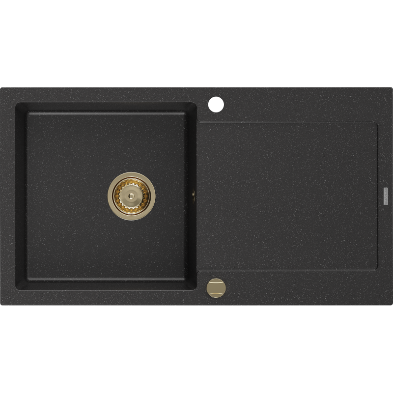 Mexen Leo Granitspüle 1-Becken mit Abtropffläche 900 x 500 mm, schwarz/silber Metallic, Siphon gold - 6501901010-73-G