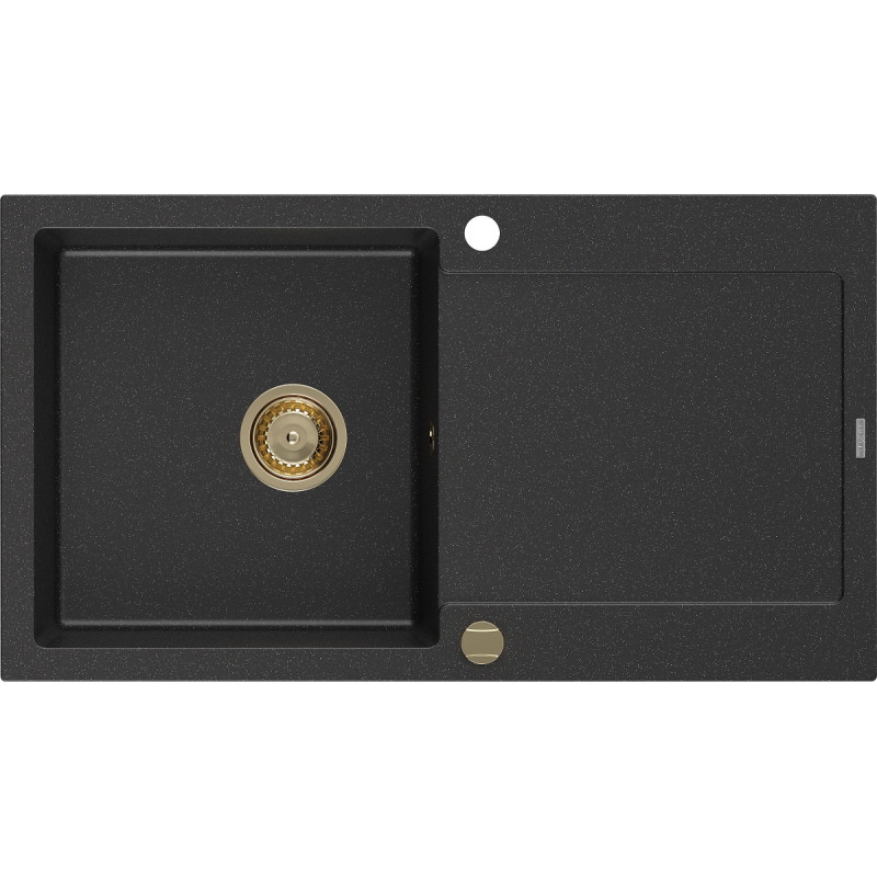 Mexen Leo Granitspüle ein Becken mit Abtropffläche 900 x 500 mm, schwarz/silber metallic, Siphon gold - 6501901010-73-G