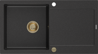 Mexen Leo Granitspüle 1-Becken mit Abtropffläche 900 x 500 mm, schwarz/silber metallic, goldener Siphon - 6501901010-73-G