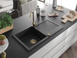 Mexen Leo Granitspüle 1-Becken mit Abtropffläche 900 x 500 mm, schwarz/silber metallic, goldener Siphon - 6501901010-73-G