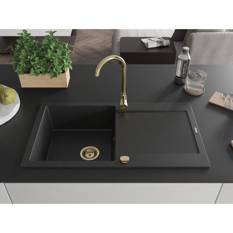 Mexen Leo Granitspüle 1-Becken mit Abtropffläche 900 x 500 mm, schwarz/silber metallic, goldener Siphon - 6501901010-73-G