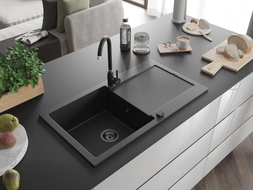 Mexen Leo Granitspüle 1-Becken mit Abtropffläche 900 x 500 mm, Schwarz/Silber Metallic, schwarzer Siphon - 6501901010-73-B