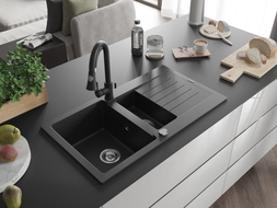 Mexen Matias Granitspüle 1,5-Kammer mit Abtropffläche 900 x 505 mm, schwarz/silber metallic, Siphon Chrom - 6502901505-73