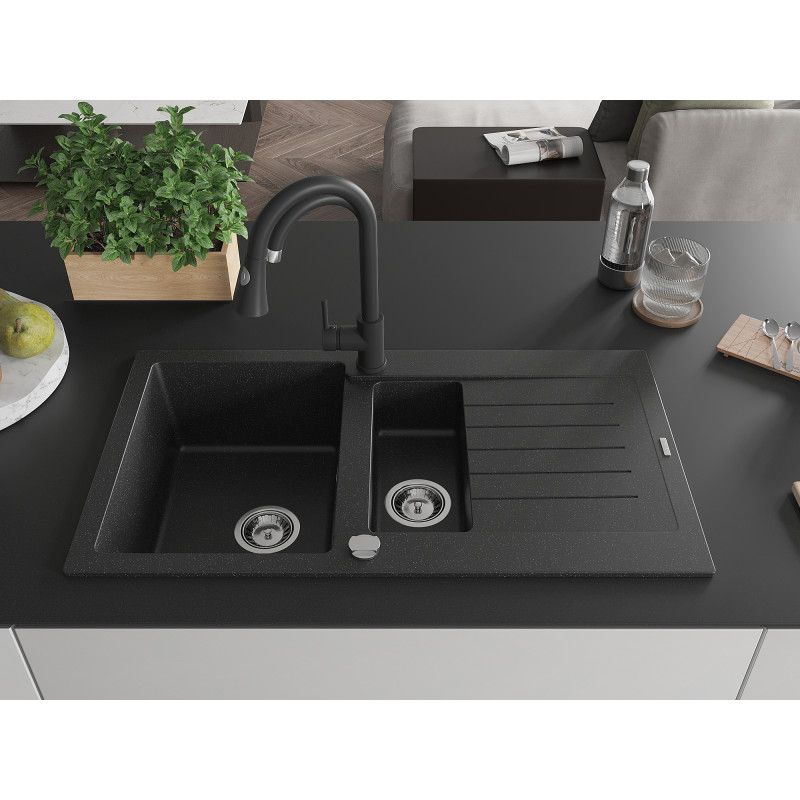 Mexen Matias granitspüle 1,5-becken mit abtropffläche 900 x 505 mm, schwarz/silber metallic, siphon chrom - 6502901505-73