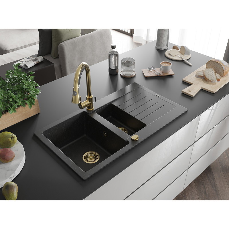 Mexen Matias Granitspüle 1,5-Becken mit Abtropffläche 900 x 505 mm, schwarz/silber metallic, goldener Siphon - 6502901505-73-G