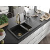 Mexen Matias Granitspüle 1,5-Becken mit Abtropffläche 900 x 505 mm, schwarz/silber metallic, goldener Siphon - 6502901505-73-G