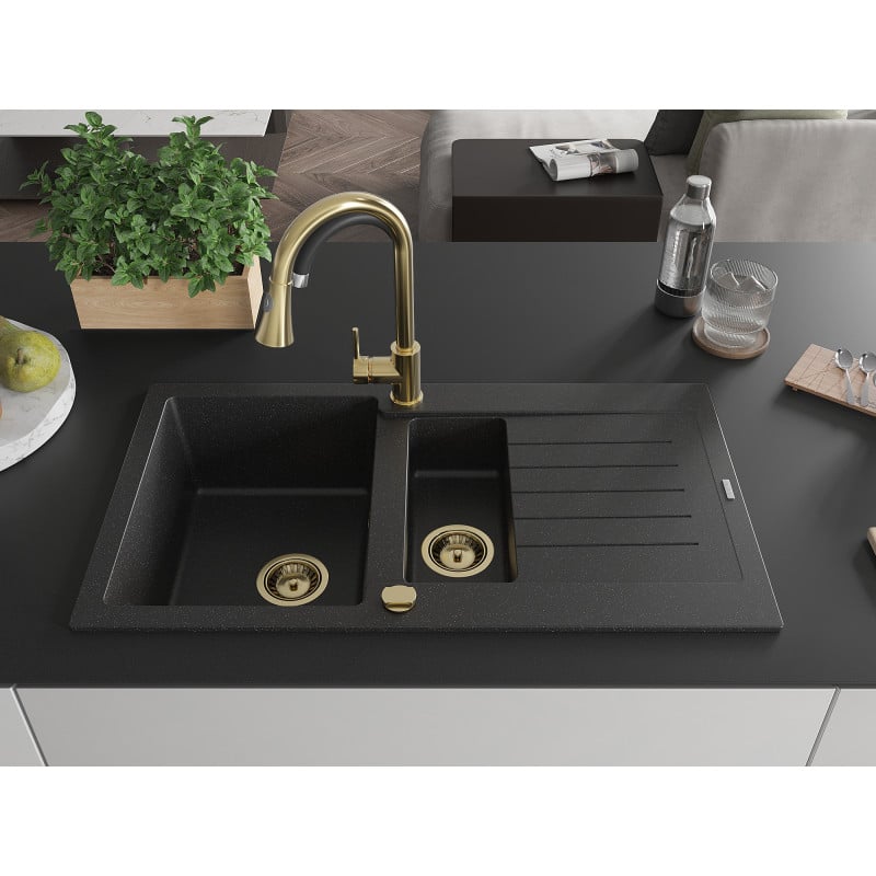 Mexen Matias Granitspüle 1,5-Schale mit Abtropffläche 900 x 505 mm, schwarz/silber metallic, goldener Siphon - 6502901505-73-G