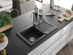 Mexen Pablo Granitspüle mit einem Becken und einer Abtropffläche 752 x 436 mm, Schwarz/Silbermetallic - 6510751010-73