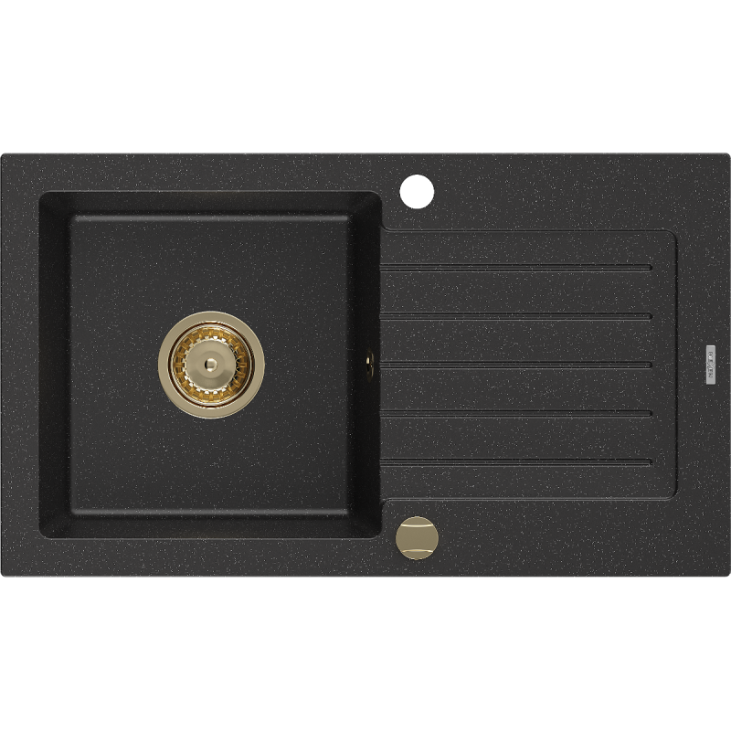 Mexen Pablo Granitspüle 1-Becken mit Abtropffläche 752 x 436 mm, Schwarz/Silber Metallic, Goldener Siphon - 6510751010-73-G