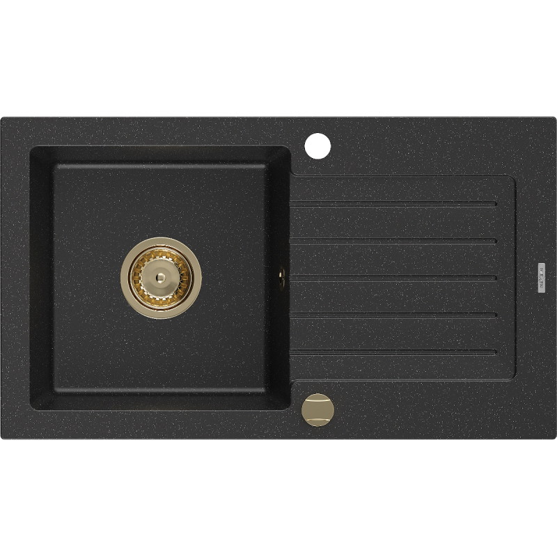 Mexen Pablo Granitspüle 1-beckig mit Abtropffläche 752 x 436 mm, schwarz/silber metallic, goldener Siphon - 6510751010-73-G