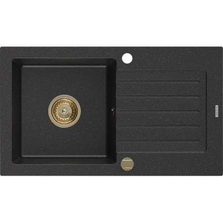 Mexen Pablo Granitspüle 1-Becken mit Abtropffläche 752 x 436 mm, Schwarz/Silber Metallic, Goldener Siphon - 6510751010-73-G