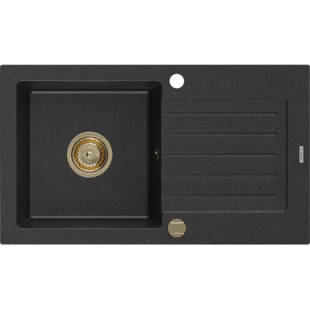 Mexen Pablo Granitspüle 1-beckig mit Abtropffläche 752 x 436 mm, schwarz/silber metallic, goldener Siphon - 6510751010-73-G