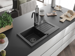 Mexen Pablo Granitspüle 1-fach mit Abtropffläche 752 x 436 mm, schwarz/silber metallic, schwarzer Siphon - 6510751010-73-B
