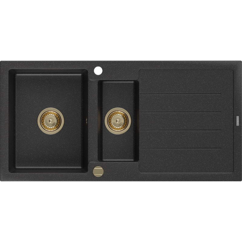 Mexen Andres Granitspüle 1,5-beckig mit Abtropffläche 1000 x 500 mm schwarz/silber metallic, goldener Siphon - 6515101510-73-G