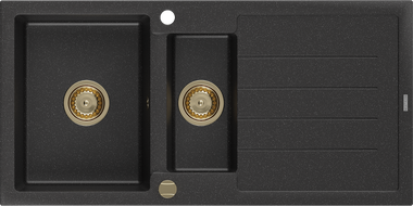 Mexen Andres Granitspüle 1,5-beckig mit Abtropffläche 1000 x 500 mm schwarz/silber metallic, goldener Siphon - 6515101510-73-G