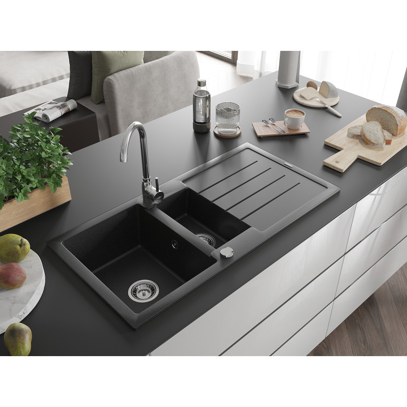 Mexen Andres Granitspüle 1,5-Becken mit Abtropffläche 1000 x 500 mm, schwarz/silber metallic, Chrom Siphon - 6515101510-73