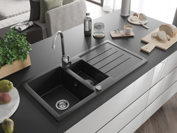 Mexen Andres 1,5-Becken-Granitspüle mit Abtropffläche 1000 x 500 mm, Schwarz/Silbermetallic - 6515101510-73