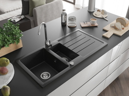 Mexen Andres Granitspüle 1,5-Becken mit Abtropffläche 1000 x 500 mm, schwarz/silber metallic, Chrom Siphon - 6515101510-73