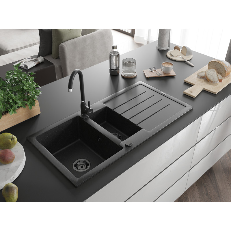 Mexen Andres Granitspüle 1,5-fach mit Abtropffläche 1000 x 500 mm schwarz/silber metallic Siphon schwarz - 6515101510-73-B