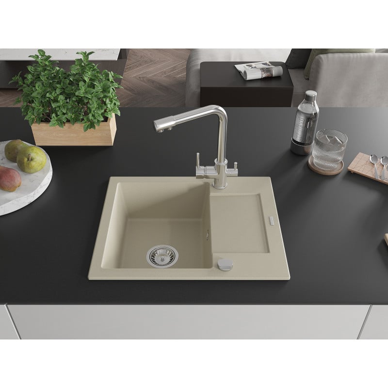 Mexen Enzo Granitspüle 1-beckig mit Abtropffläche und Küchenarmatur Duero, beige - 6506-69-671600-00