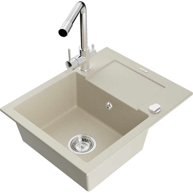 Mexen Enzo Granitspüle 1-Becken mit Abtropffläche und Küchenarmatur Duero, beige - 6506-69-671600-00
