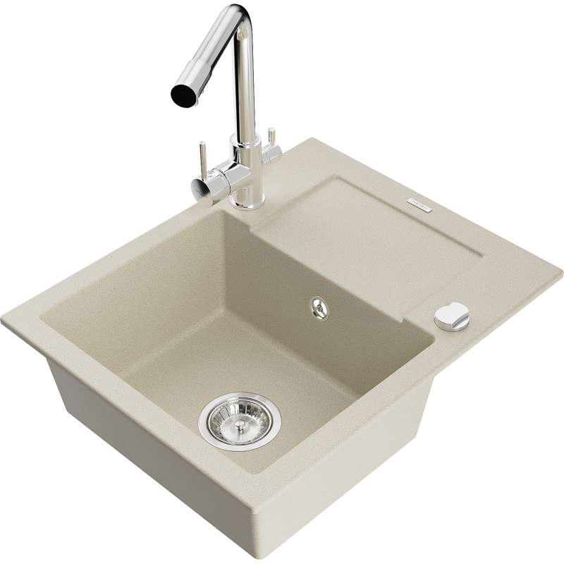 Mexen Enzo Granitspüle 1-beckig mit Abtropffläche und Küchenarmatur Duero, beige - 6506-69-671600-00