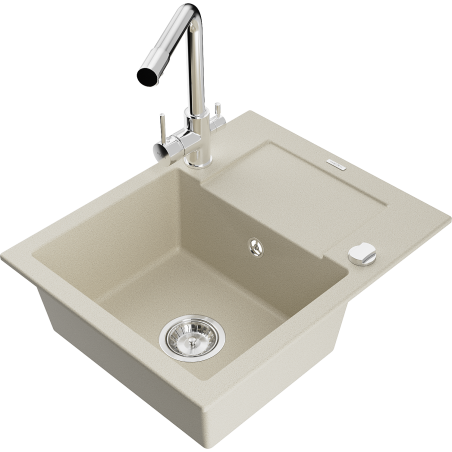 Mexen Enzo Granitspüle 1-beckig mit Abtropffläche und Küchenarmatur Duero, beige - 6506-69-671600-00