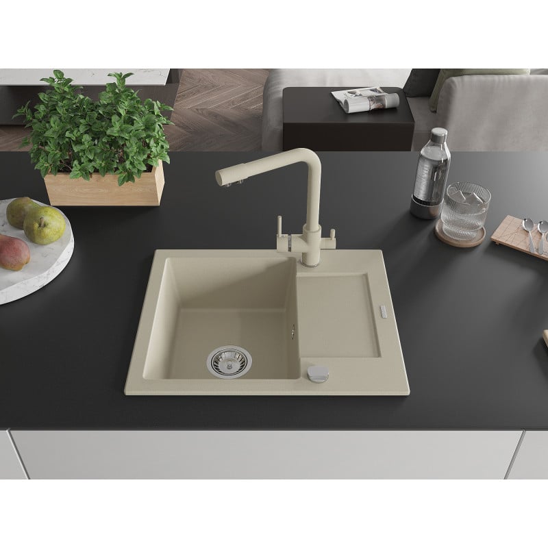 Mexen Enzo Granitspüle 1-Becken mit Abtropffläche und Küchenarmatur Duero, Beige - 6506-69-671600-69
