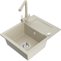 Mexen Enzo 1 Becken-Granitspüle mit Abtropffläche und Mischbatterie Duero, Beige - 6506-69-671600-69