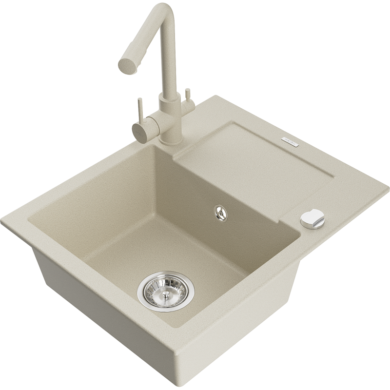 Mexen Enzo Granitspüle 1-Becken mit Abtropffläche und Küchenarmatur Duero, Beige - 6506-69-671600-69