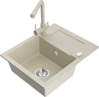 Mexen Enzo Granitspüle 1-Becken mit Abtropffläche und Küchenarmatur Duero, Beige - 6506-69-671600-69