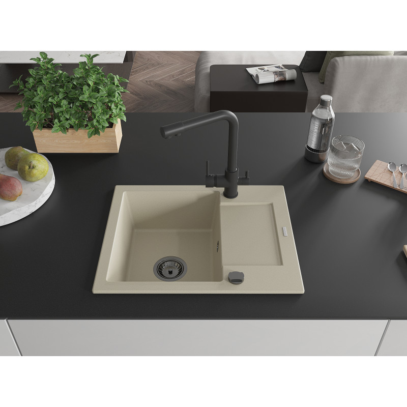 Mexen Enzo Granitspüle 1-Becken mit Abtropffläche und Küchenarmatur Duero, beige - 6506-69-671600-70